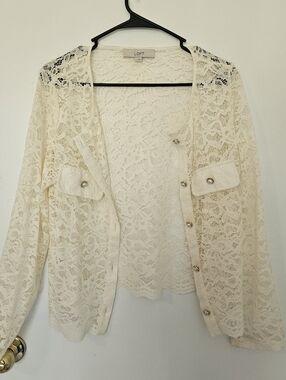 LOFT Cream Lace Button-Front Cardigan Size L